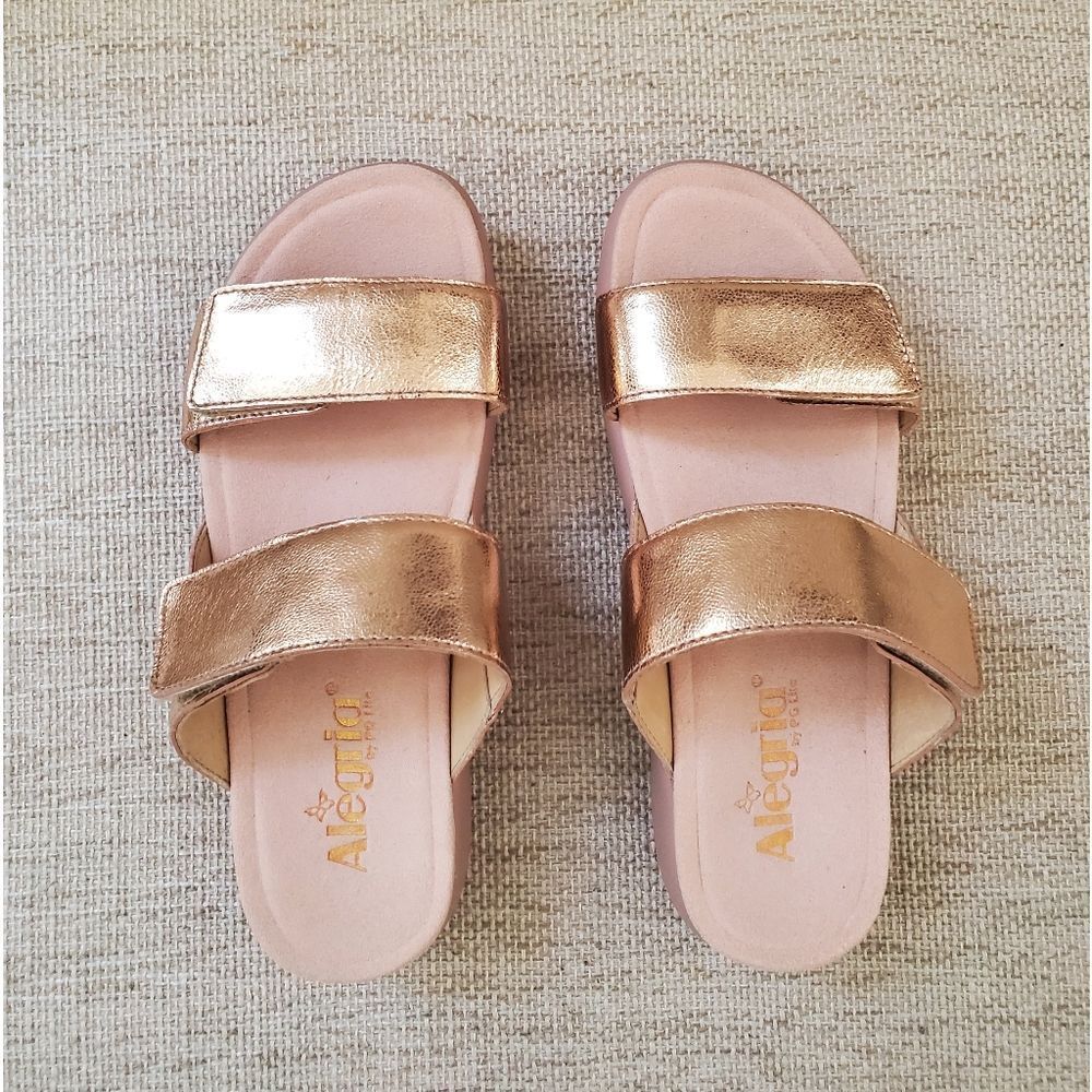 Alegria Bryce Sz 36 US 6 Women's Double Strap Rose Gold Metallic Sandals Slides - Picture 11 of 14